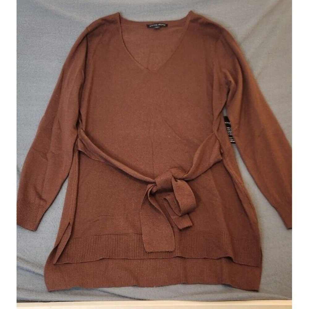 Boston Proper Women's Chocolate Brown V Neck Pullover Tie Sweater Dress NWT Sz L - Picture 2 of 11